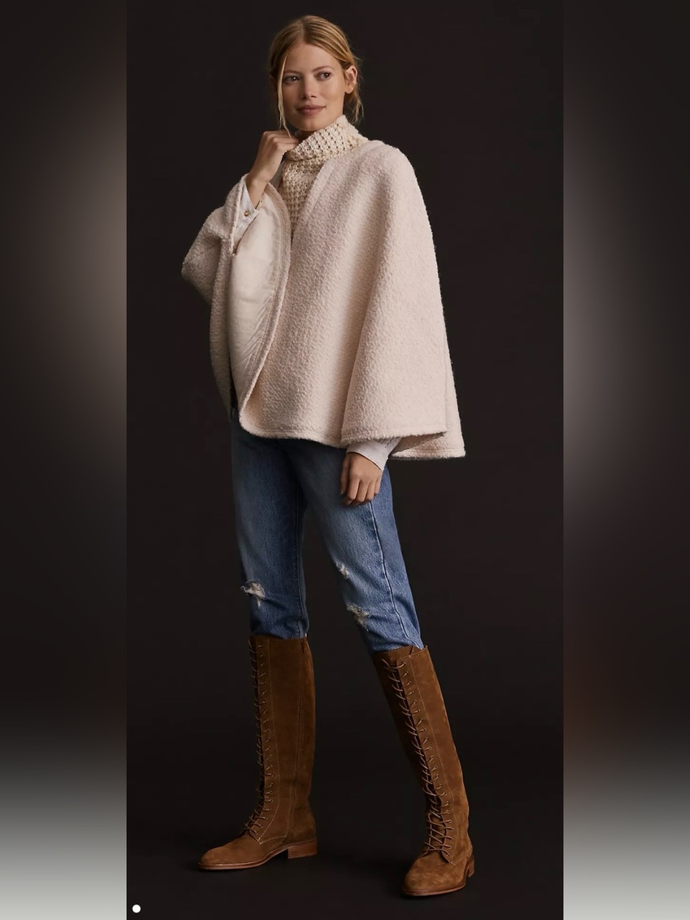 Anthropologie Boho Chic Cream Deep V-neck Boucle  Poncho /Cape Athro Knitwear